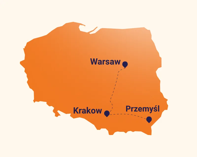 Map of Poland highlighting Warsaw, Krakow, and Przemysl